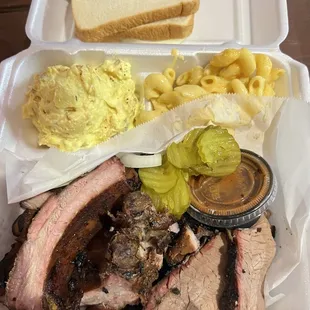 Two Meat Plate: lean brisket, pork ribs, Mac/cheese, potato salad