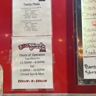 Hours of operation and Family Meals