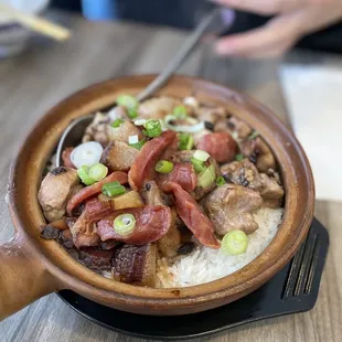 2 Item Clay Pot Rice Combo: Chinese Sausage and Bacon and Spare Ribs with Black Beans