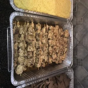 Chicken, souvlaki meat and rice