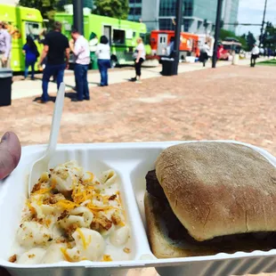 Bacon wrapped meatloaf sandwich with white cheddar Mac n cheese on Food Truck Thursday