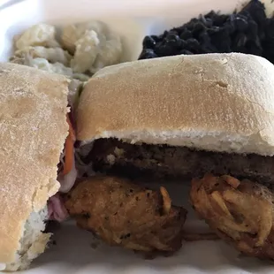 Meatloaf sandwich, pulled park, tots, Mac &amp; beans.