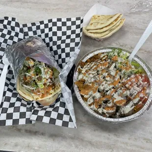 Big Guy's Mixed Rice Platter NYC Style Chicken Wrap Half Sliced Pita