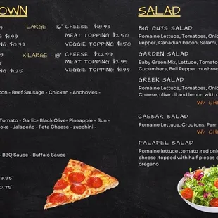 a pizza and salad menu