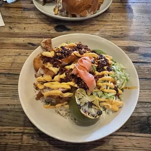 Chicken katsu bowl and blue cheese mushroom burger.