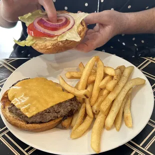 Dressed burger and steak fries
