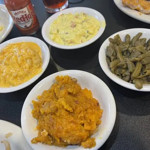 All the sides. Mac n cheese, potato salad, green beans and sweet potato casserole.