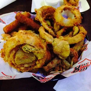 Cactus bowl, fried bombers, cheese sticks, fries, stuffed taters, onion rings, and zucchini