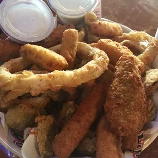 Cactus bowl...Onion Rings, stuffed taters, fried mushrooms, fried pickles, cheese sticks....