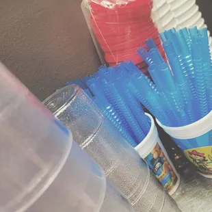a stack of plastic cups