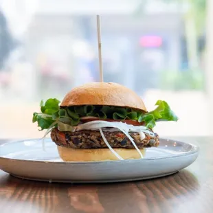 Housemade Black Bean burger...made with Hamakua Mushrooms only available in Hawaii (vegetarian)