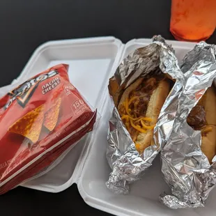 Two hot dog meal, with chips
