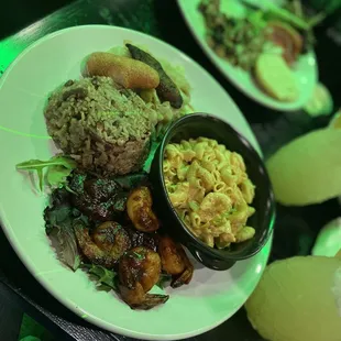 Rice and peas, Mac n cheese, Jerk Shrimp, cabbage