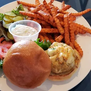 Crabcake sandwich and sweet potato fries