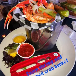 Cajun shrimp and steamed crab bucket