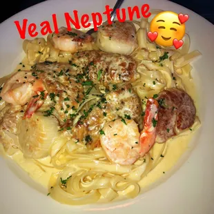 Veal and scallops in freakin' awesome sauce atop of some perfect pasta!!