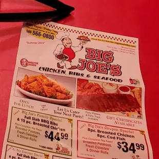 Current Flyer with Specials at Big Joe's Chicken, Ribs and Seafood!  9/20/2024