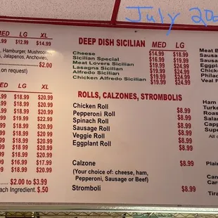 Menu July 2023: pizza, calzones, subs