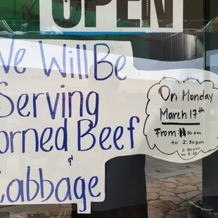 March 17th, corned beef and cabbage will be served
