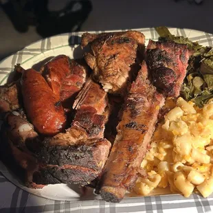 Collard Greens, Mac and Cheese, ribs, chopped pork, Link of Sausage, barbecue chicken