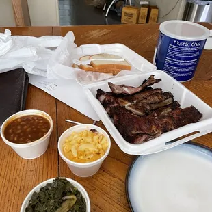 Half slab, Mac n Cheese, collards,baked beans