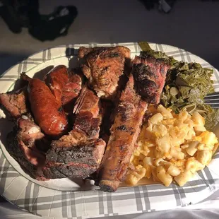 Collard Greens, Mac and Cheese, ribs, chopped pork, Link of Sausage, barbecue chicken