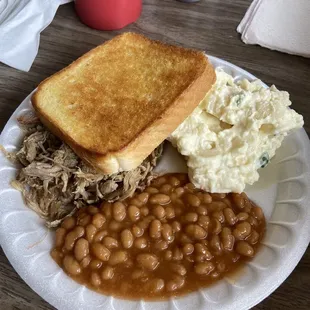 BBQ platter with baked beans and potato salad. All was good except the potato salad had zero taste.