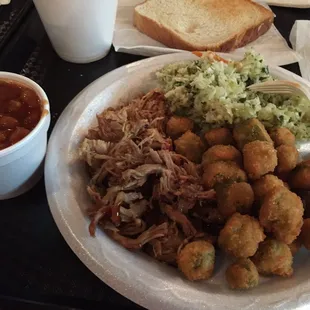 BBQ, fried okra, vinegar slaw, barbecued beans, toast