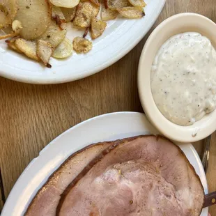 Country Ham Breakfast -- side of home fries and side of sausage gravy