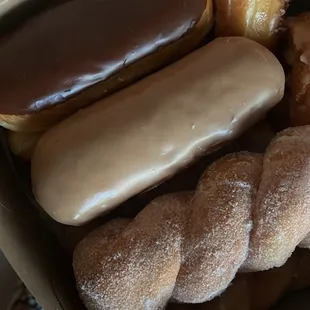 Chocolate bar, maple bar, sugar twist, crumb.