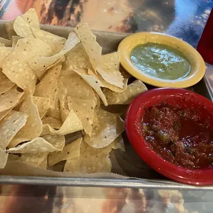 a tray of chips and salsa