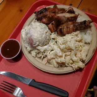 Grilled huli huli chicken plate with Hawaiian Mac and Red Potato salad.