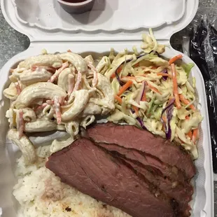Tri-tip rice plate with macaroni salad and island slaw.