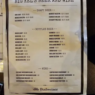 Beer and wine list as of 3-9-2024