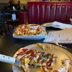 BBQ chicken pizza and Italian nachos