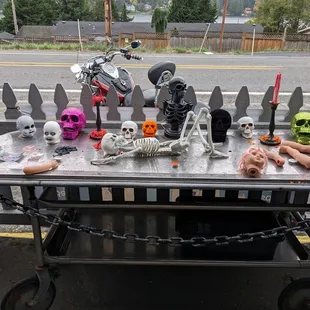 a table with a lot of halloween decorations on it