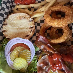 Bacon cheeseburger &amp; onion rings