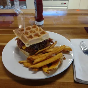 Chicken and Waffle Sammy. Good taste, but the waffle-as-a-bun was very dry and fell apart quickly.