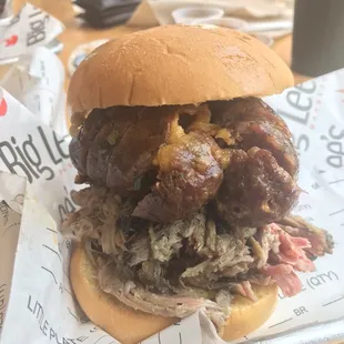 Pulled pork and sausage sandwich, aka "The Porky"