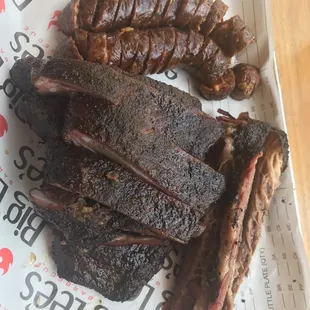 1/2 sausage, 1/2 ribs, and 1/2 brisket