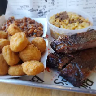 Ribs!! Awesome!! Corn Nuggets, Baked Beans and Kathy Mac&amp;Cheese