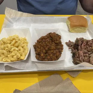 Brisket, baked beans and Mac and cheese