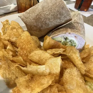 Turkey Avocado Wrap with Kettle Chips.