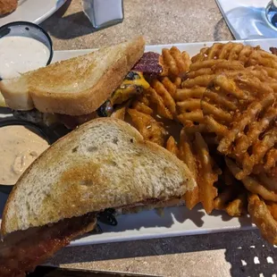 Patty melt with waffle fries