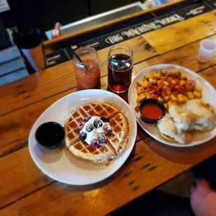 Blackberry moonshine waffles and chicken with busicuits and gravy