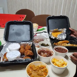 Bourdain balls, cabbage, Mac, beans, greens, cobbler, etc.