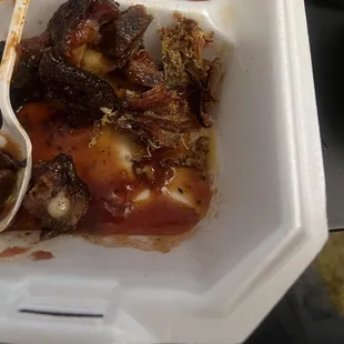 Tough rib tip meat and bones that I could've cracked my teeth on when I bit into it smh come on