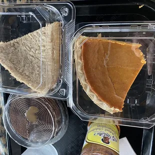 Sweet Potato Cheesecake, sweet potato pie, chocolate caramel poke cake, and seasonings to go