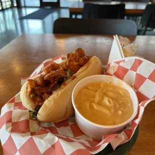 Spicy chicken sandwich and Mac n&apos; Cheese