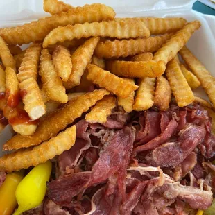 Pastrami, burger, french fries